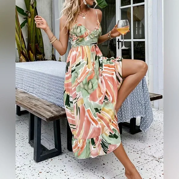 Watercolor Spaghetti Strap Summer Midi Dress Sz M Valentines Date Night Gift - Picture 12 of 12